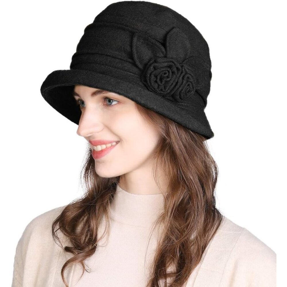 Wool Cloche Bucket Hat For Women Floral Travel Casual Elegant Fashion